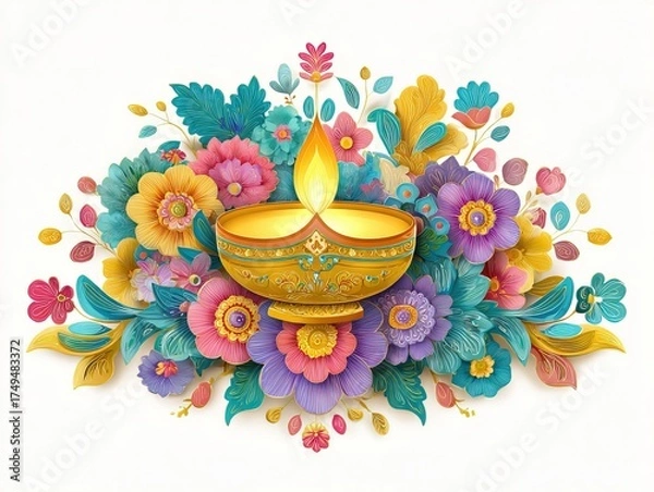 Fototapeta Diwali cartoon illustration with golden oil lamp, floral pattern, flat design style on white background