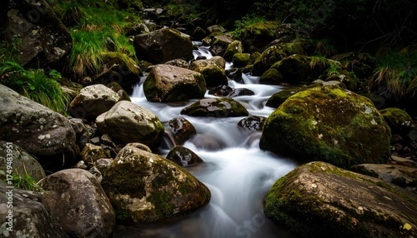 Obraz A long exposure photograph of a rushing stream through mossy rocks. Green foliage lines the banks. Soft, blurred water. Natural light