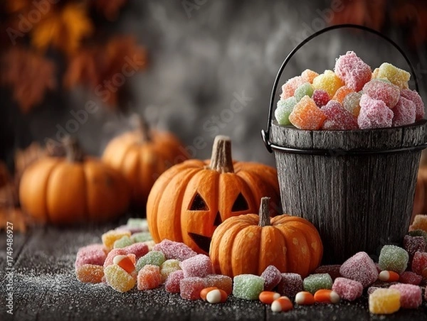 Fototapeta Halloween pumpkins filled with candy and gummy bears, decorated holiday bucket overflowing with treats against gray wall