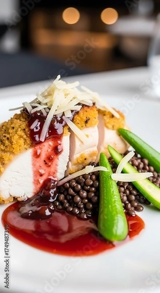 Obraz Exquisite Chicken Dish with Lentils and Green Beans on White Plate.