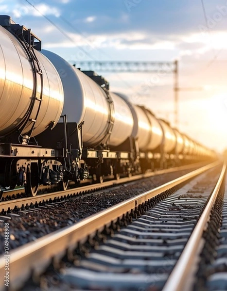 Obraz A long line of cylindrical train cars stretches down railroad tracks, illuminated by the golden light of the setting sun