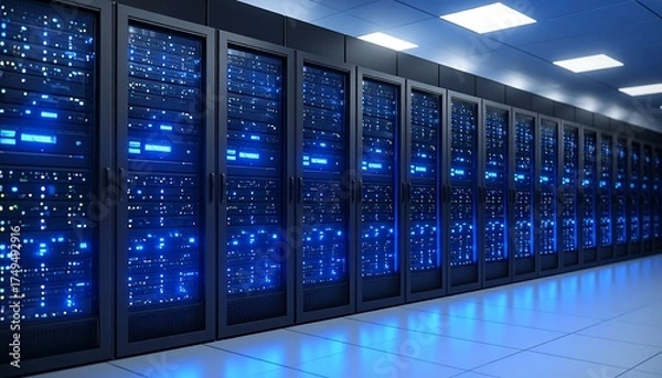 Obraz A long perspective view of a server room with rows of interconnected computer cabinets illuminated by blue lights. Fluorescent ceiling lights are present