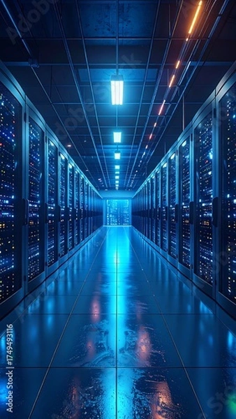 Obraz A long perspective shot of a server room with many dark server racks, illuminated by blue and orange lighting along the walls and ceiling