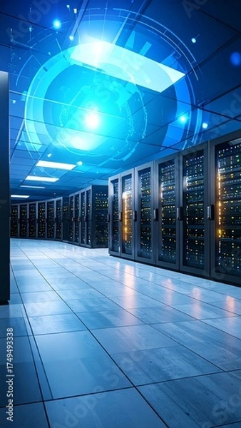 Obraz A long, rectangular room filled with server racks. Blue lighting and a digital overlay create a futuristic aesthetic