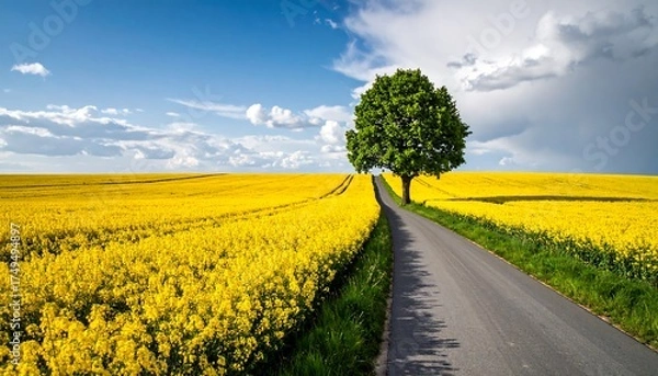 Obraz A long road stretches through a field of yellow flowers. The sky is blue with fluffy clouds. A tree stands