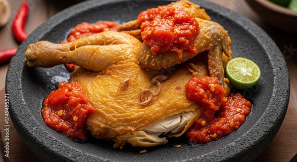 Fototapeta Ayam Geprek, Indonesian fried chicken, on a rustic stone plate, generously topped with vibrant red chili sambal, with sliced lime and chili pepper visible nearby.
