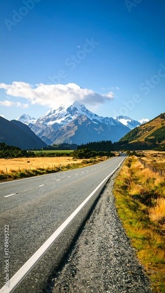 Obraz A long road stretches toward a snow-capped peak under a clear blue sky, surrounded by golden grasslands and hills