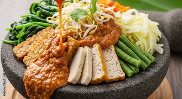 Fototapeta Gado-gado, Indonesian salad, features vegetables, tempeh, tofu, sprouts, peanut sauce being poured over ingredients in mortar made of stone, side view.