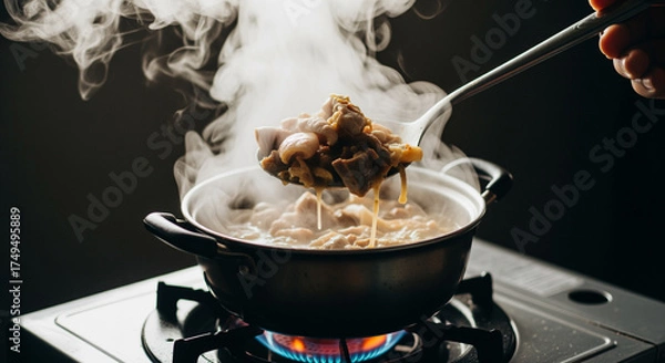 Fototapeta Steaming hotpot being lifted with a ladle above a portable gas stove, displaying pieces of tofu, meat, and broth, creating a comforting and warm culinary experience.