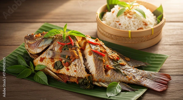 Fototapeta Grilled tilapia fish with chili sauce and basil leaves, presented on a banana leaf with a side of white rice in a bamboo steamer, on a wooden table.