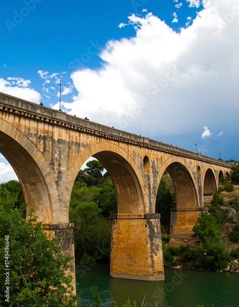 Obraz A long stone bridge with arched supports stretches across a calm river, set against a cloudy blue sky. Green vegetation lines the riverbanks
