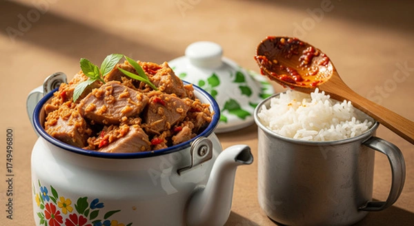 Fototapeta Beef Rendang in a floral enamel pot, served with white rice in a metal mug and a wooden spoon with sambal on a brown surface, showcasing a traditional Indonesian dish.