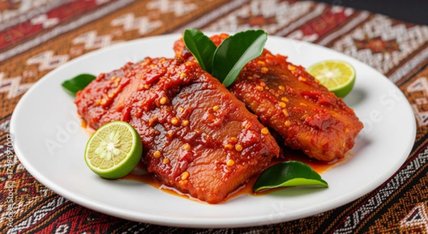 Fototapeta Fish fillets covered in red chili sauce served with fresh lime and leaves on a white plate atop a colorful patterned tablecloth, close-up shot, studio lighting.
