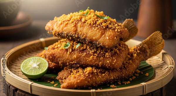 Fototapeta Fried fish fillets with sprinkled crumbs, garnished with parsley and lime, stacked on a bamboo plate, served on a wooden table in a restaurant, ready to be enjoyed.