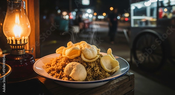 Fototapeta Plate of steaming fried rice topped with crackers, illuminated by a vintage oil lamp on a wooden table at an outdoor food stall at night with bokeh background.