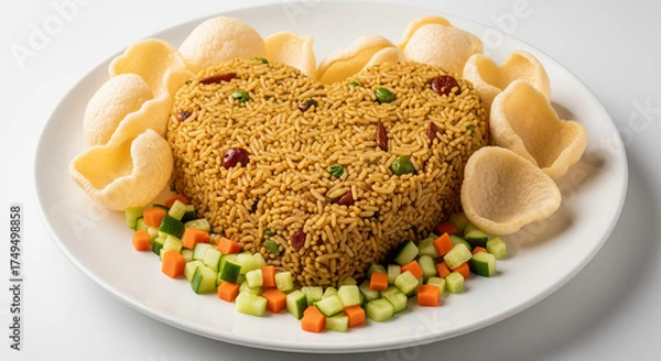 Fototapeta Heart-shaped fried rice on a white plate, garnished with prawn crackers and diced cucumbers and carrots, isolated on a white background.