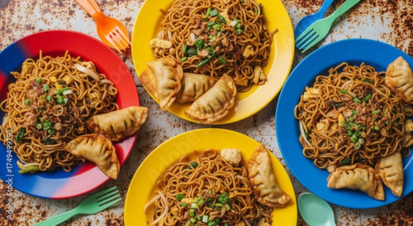 Fototapeta Noodles and dumplings on colorful plates, a delicious display of Asian street food with garnishes and plastic cutlery against a textured metal background, overhead shot.