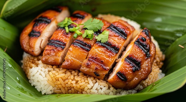 Fototapeta Grilled chicken slices presented over sticky rice, garnished with cilantro, served in a fresh green banana leaf, close up, Asian cuisine.