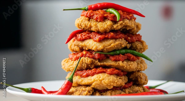 Fototapeta Stack of crispy fried chicken with spicy red sauce, garnished with fresh red and green chili peppers, on a white plate, ready to serve.