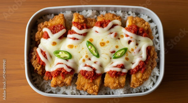 Fototapeta Chicken katsu with rice, tomato sauce, mayonnaise and sliced green chili peppers, served in a white bowl on a wood table, top view close-up.