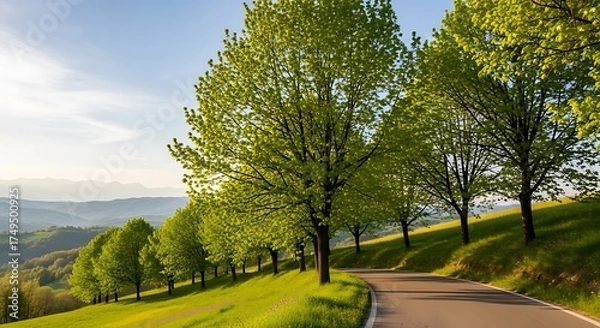 Obraz Scenic Road Through Lush Green Landscape in Spring.