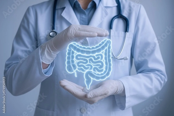 Fototapeta Healthcare professional's hands delicately protect a glowing digital human intestine, emphasizing vital gut health, preventative care, and medical innovation