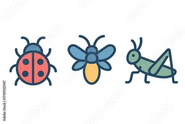 Fototapeta Stylized colorful set of three insect characters including a ladybug, a firefly, and a grasshopper
