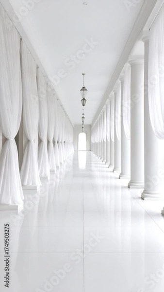 Obraz A long white corridor with columns and draped curtains, disappearing into a bright archway. Light fixtures hang above