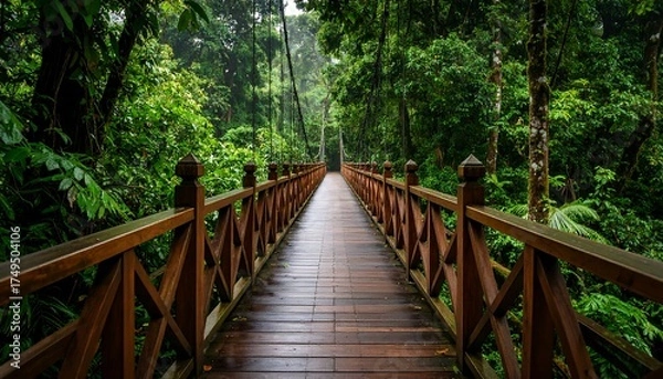 Obraz A long, wooden bridge winds through a dense, vibrant green rainforest canopy, creating a path