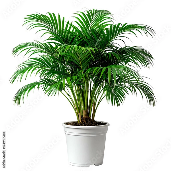Fototapeta Lush, green potted palm plant with many fronds, standing out on a solid black background