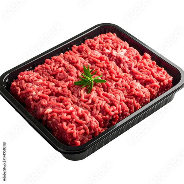 Fototapeta Fresh, raw ground meat product in a black plastic tray, garnished with a sprig of greenery