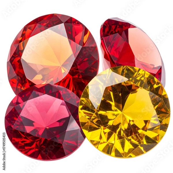 Fototapeta Group of dazzling, faceted jewels in shades of red and yellow, sparkling against black