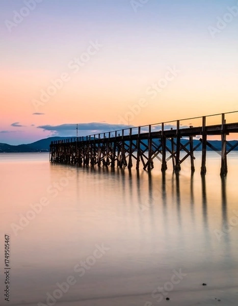Obraz A long wooden pier stretches out over calm, reflective water toward the horizon at sunset. Gentle hues of orange and purple grace the sky