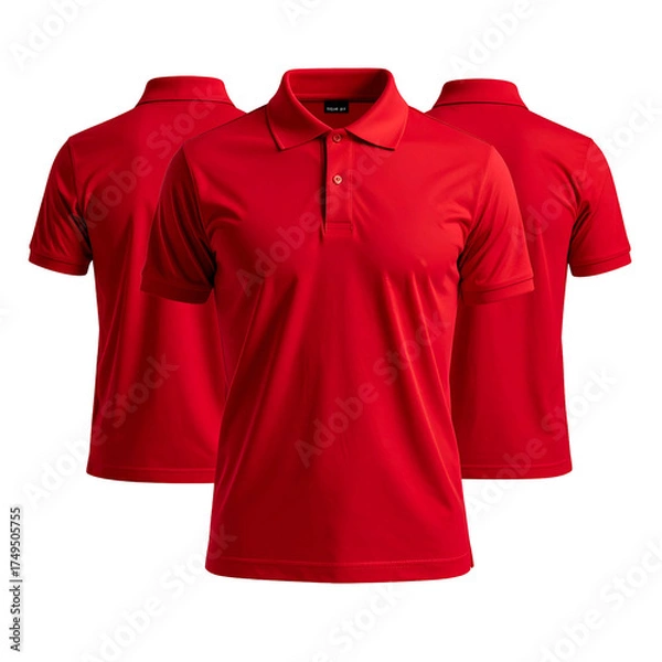 Fototapeta Three red polo shirts displayed; center shirt front-view, others are rear-views