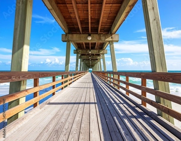 Obraz A long wooden pier stretches out towards the horizon. Blue sky and ocean blend with the structure. Sunlight creates shadows