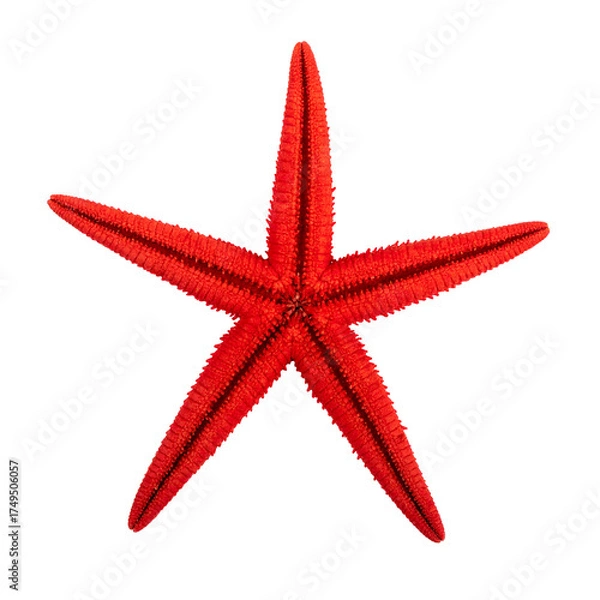 Fototapeta Vivid five-pointed starfish, radiant red, contrasted against a stark black background
