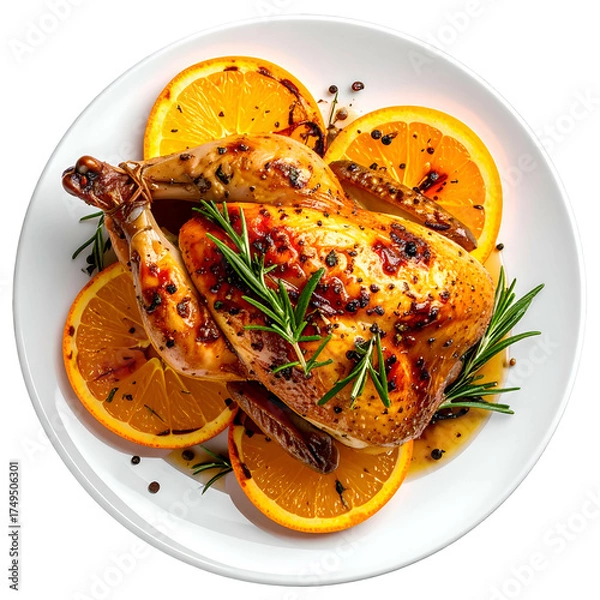 Fototapeta Roasted whole fowl on white plate, garnished with orange slices, herbs, and peppercorns