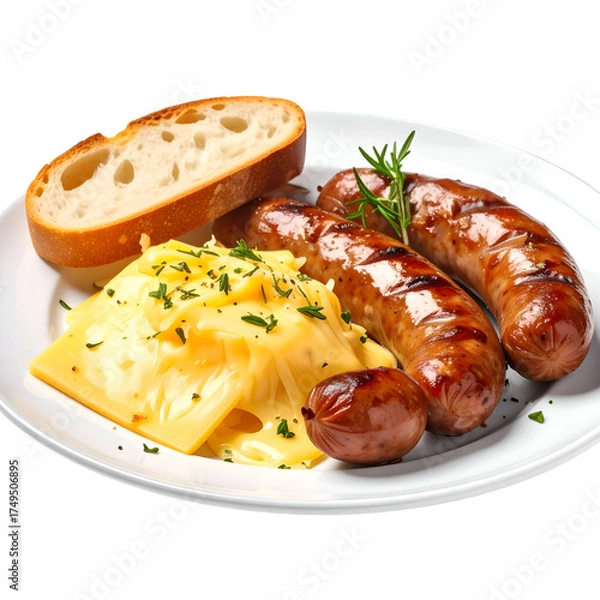 Fototapeta Grilled sausages, cheesy potatoes, bread, and garnish on a white plate, shot close-up