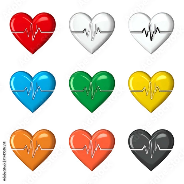 Fototapeta Nine colorful glossy hearts with electrocardiogram lines on black background