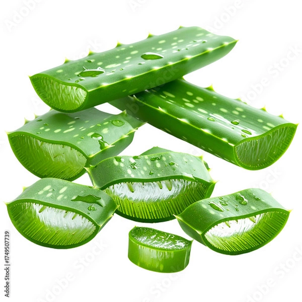Fototapeta Sliced fresh aloe vera leaves, stacked, showcasing the translucent gel and spiky edges