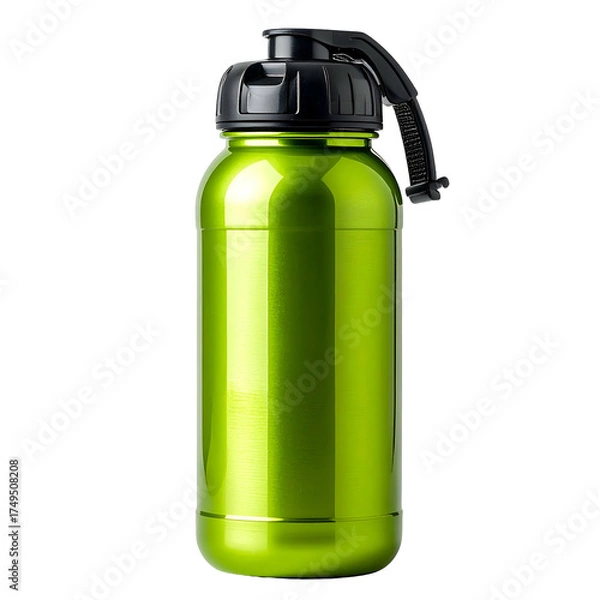Fototapeta Shiny lime-green insulated water bottle with a black cap and handle