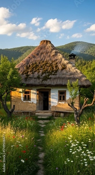 Fototapeta Charming Thatched Cottage in a Serene Mountain Landscape.