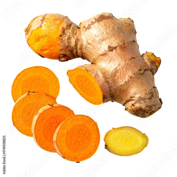Fototapeta Fresh turmeric root with sliced segments and slices; a natural food source