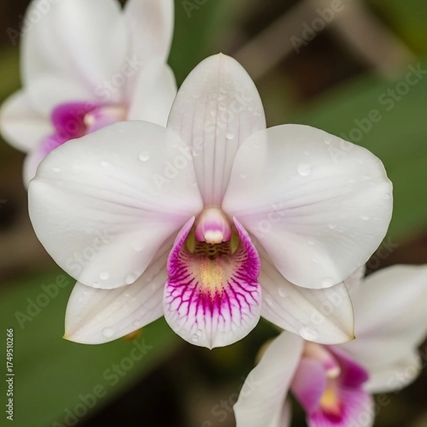 Obraz Elegant White Orchid Blossom with Vibrant Pink and Yellow Center.