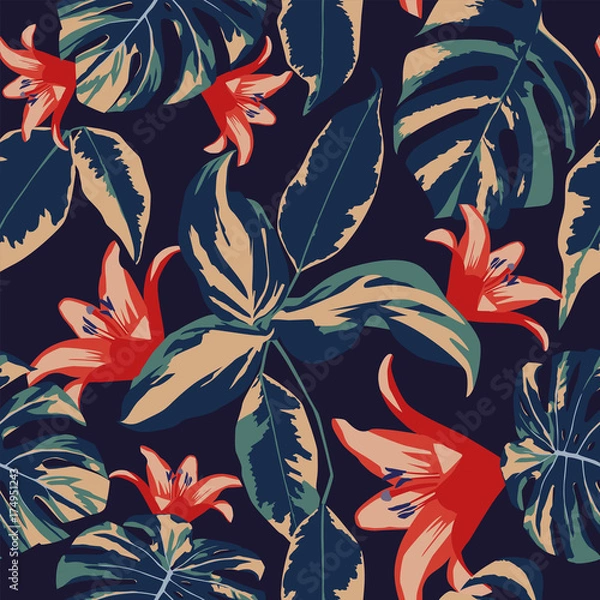 Fototapeta Flowers and leaves seamless dark blue background