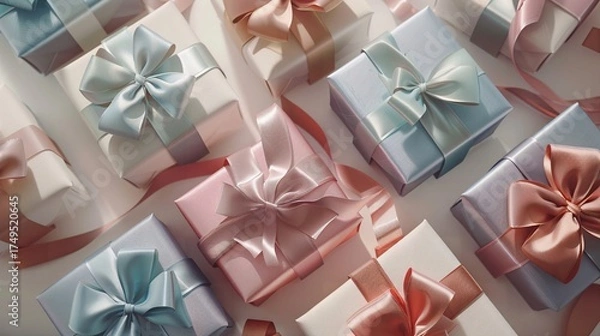 Fototapeta Elegant pastel gift boxes with satin ribbons for special occasions
