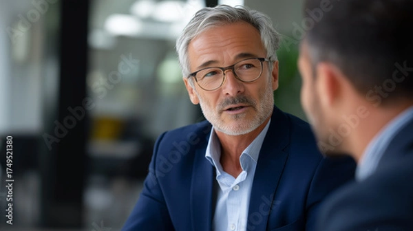 Fototapeta Two businessmen having serious conversation in contemporary office, mature man confidently presenting his experience during job interview, career opportunity discussion business in