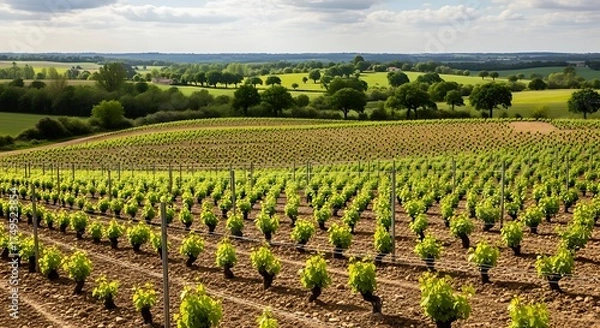 Fototapeta Vineyard Landscape - Rows of Grapevines in the French Countryside.