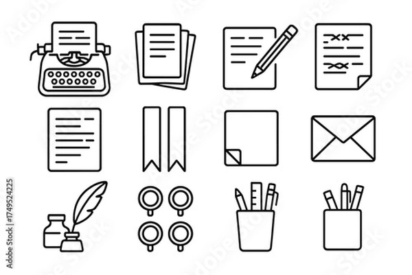 Fototapeta Vintage Typewriter Icons. A vintage typewriter with an unfinished manuscript on paper. Line outline icon set