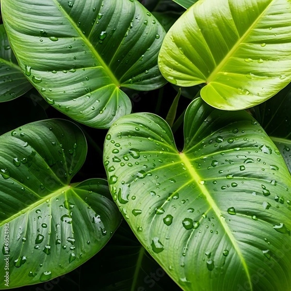 Fototapeta Lush Green Leaves Adorned with Refreshing Water Droplets.